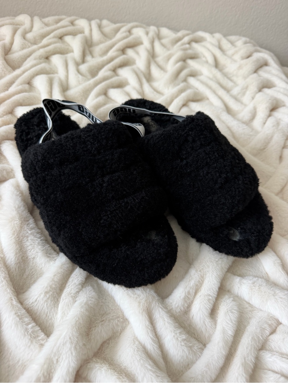 UGG Black Fuzzy Slide Sandals with Back Strap